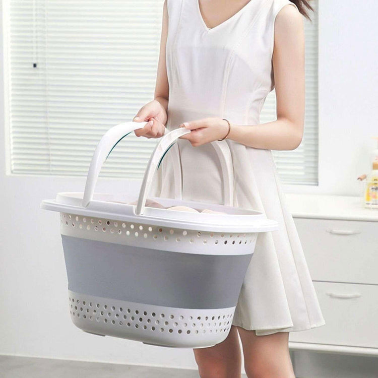 28L Foldable Laundry Washing Basket with Handle Collapsible - Grey/White - Magdasmall