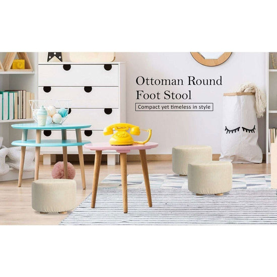 2X Fabric Ottoman Round Wooden Leg Foot Stool - BEIGE - Magdasmall