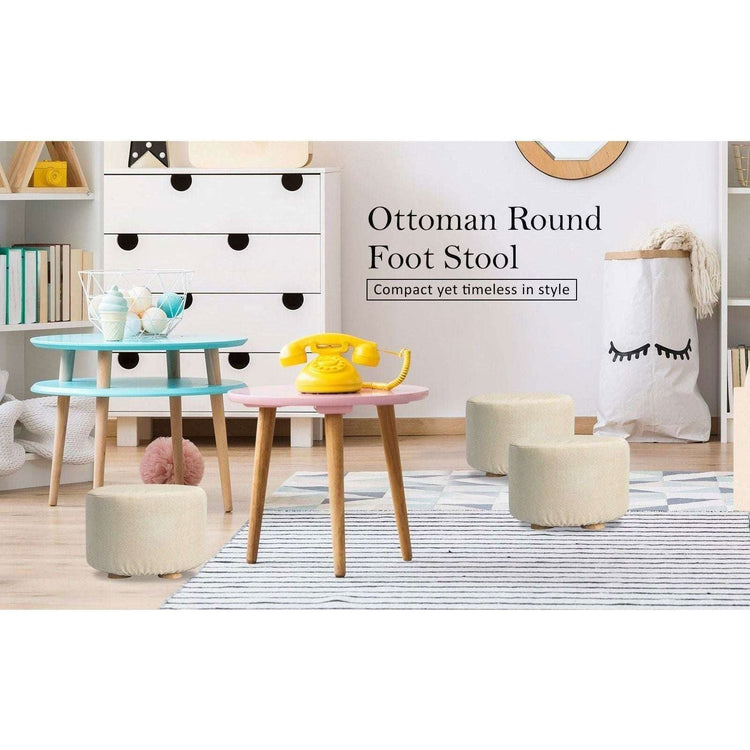 2X Fabric Ottoman Round Wooden Leg Foot Stool - BEIGE - Magdasmall