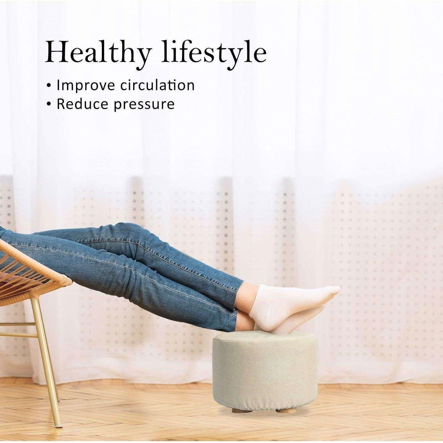 2X Fabric Ottoman Round Wooden Leg Foot Stool - BEIGE - Magdasmall