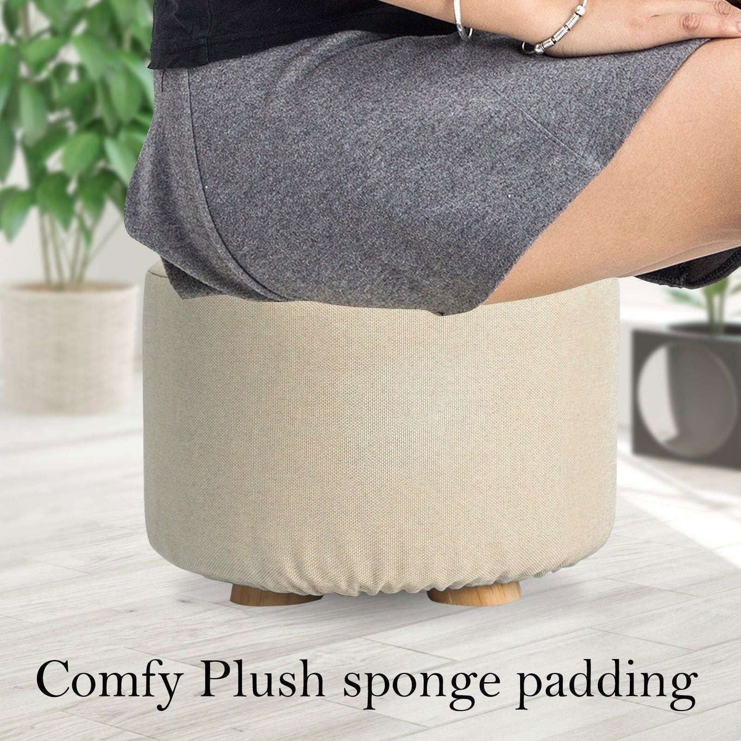 2X Fabric Ottoman Round Wooden Leg Foot Stool - BEIGE - Magdasmall