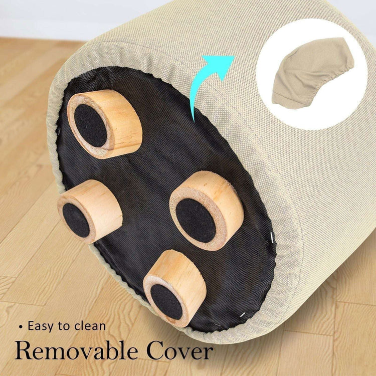 2X Fabric Ottoman Round Wooden Leg Foot Stool - BEIGE - Magdasmall