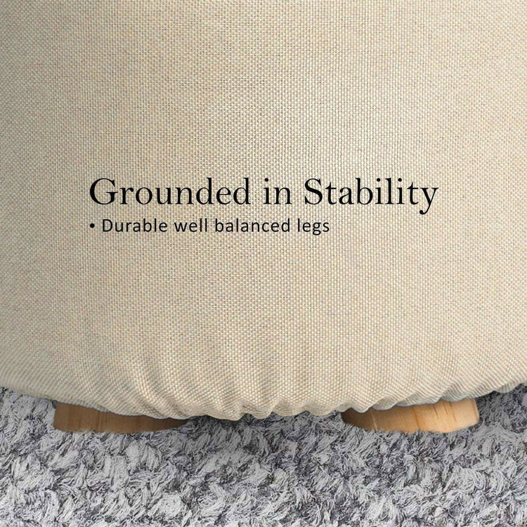 2X Fabric Ottoman Round Wooden Leg Foot Stool - BEIGE - Magdasmall