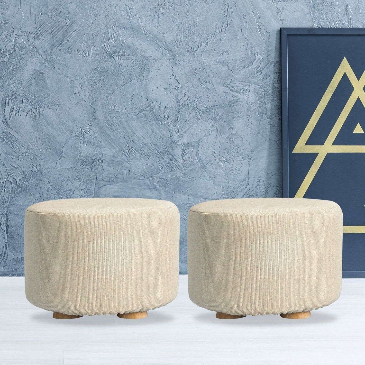 2X Fabric Ottoman Round Wooden Leg Foot Stool - BEIGE - Magdasmall