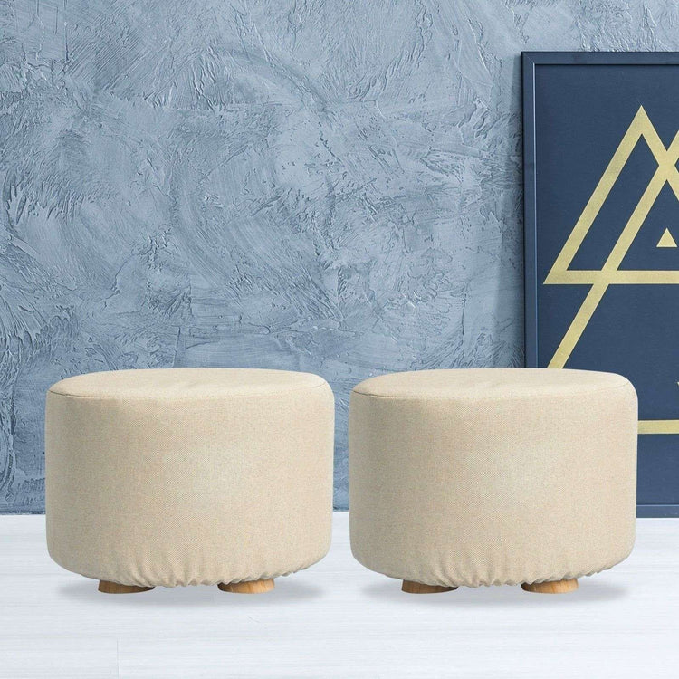 2X Fabric Ottoman Round Wooden Leg Foot Stool - BEIGE - Magdasmall