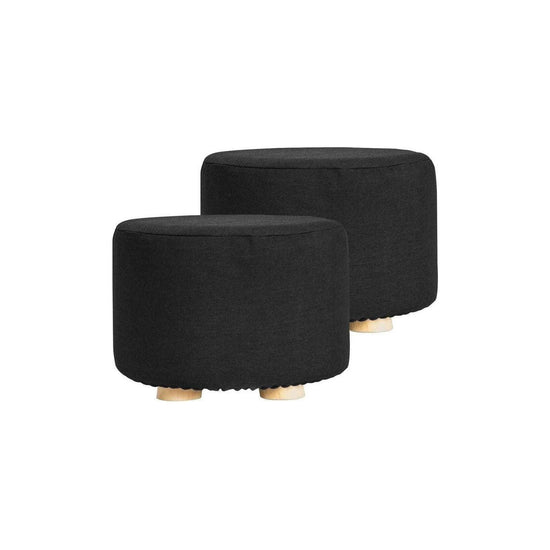 2X Fabric Ottoman Round Wooden Leg Foot Stool - BLACK - Magdasmall