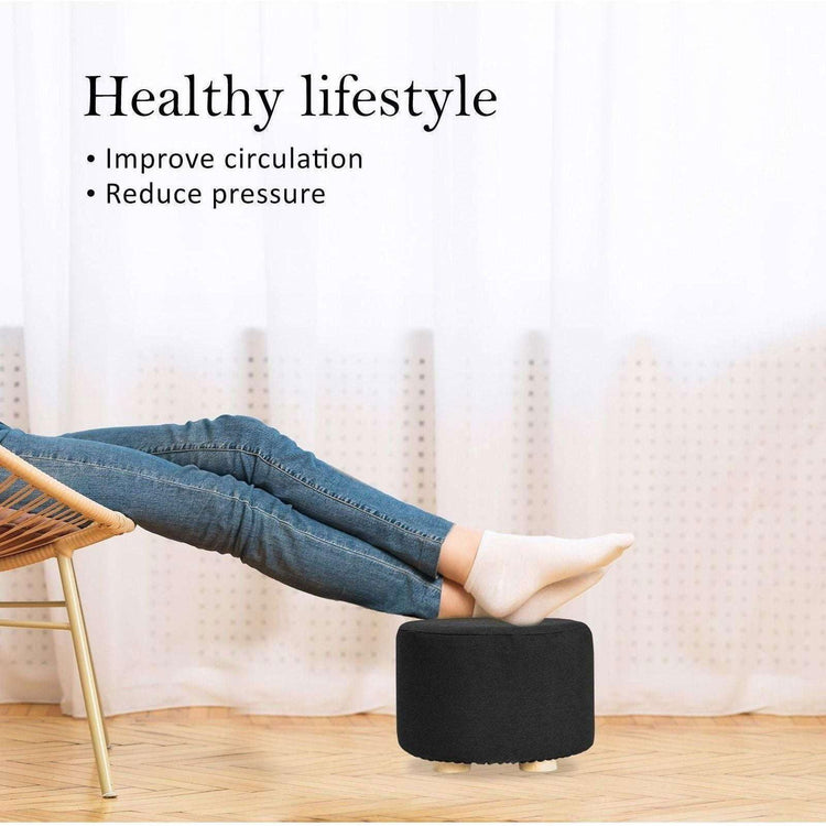 2X Fabric Ottoman Round Wooden Leg Foot Stool - BLACK - Magdasmall