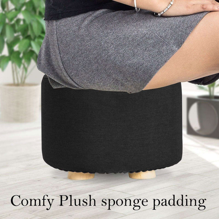 2X Fabric Ottoman Round Wooden Leg Foot Stool - BLACK - Magdasmall