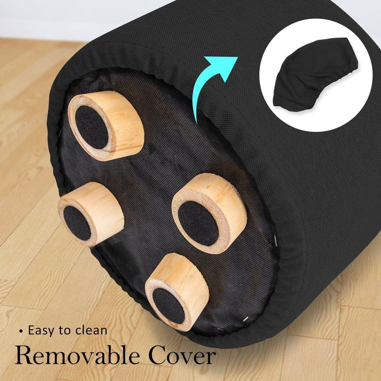 2X Fabric Ottoman Round Wooden Leg Foot Stool - BLACK - Magdasmall
