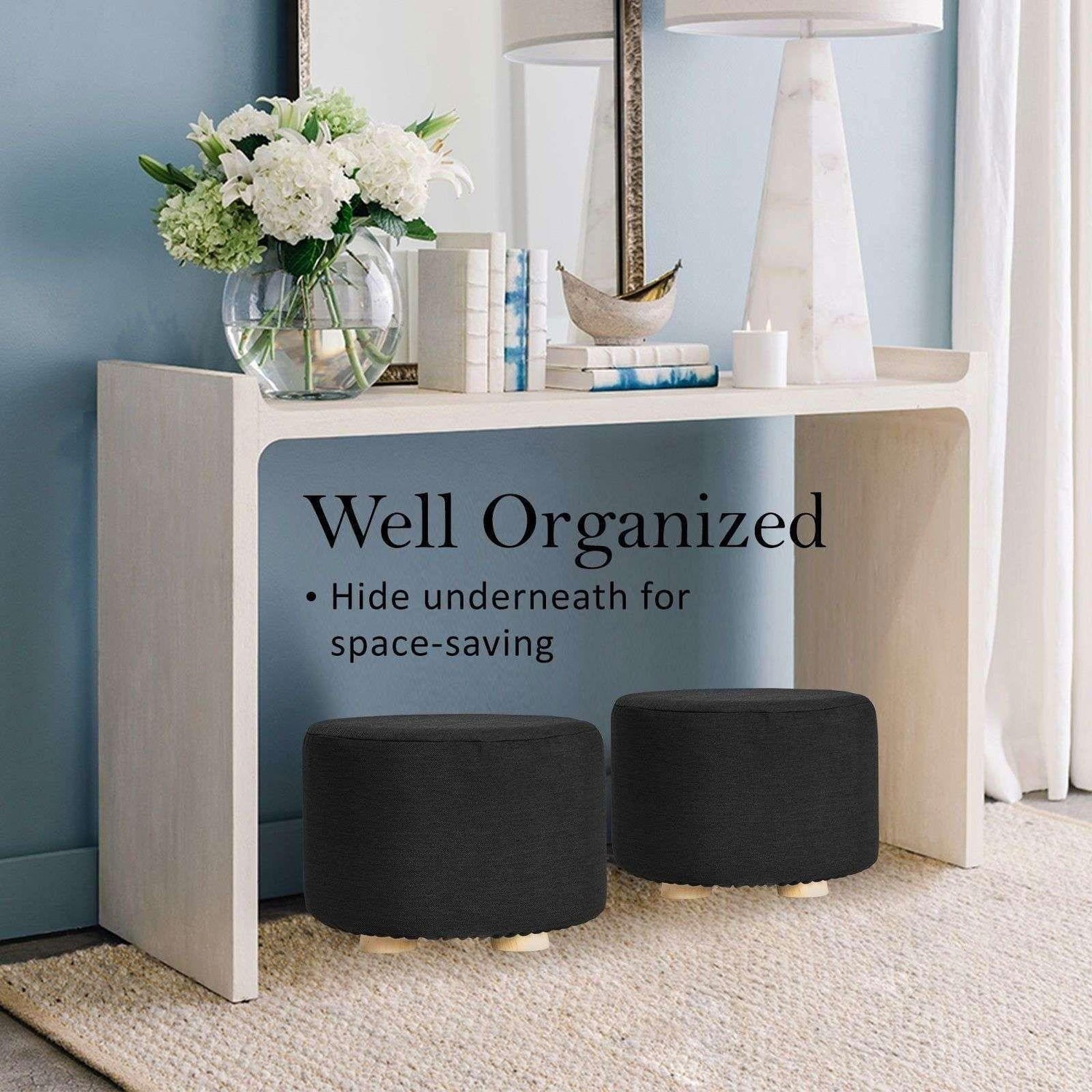 2X Fabric Ottoman Round Wooden Leg Foot Stool - BLACK - Magdasmall