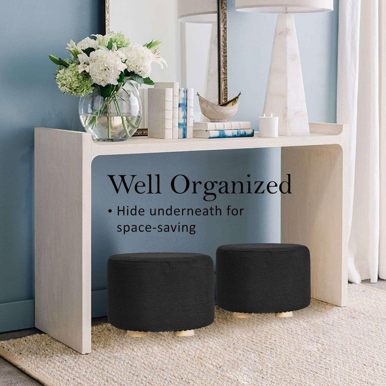 2X Fabric Ottoman Round Wooden Leg Foot Stool - BLACK - Magdasmall
