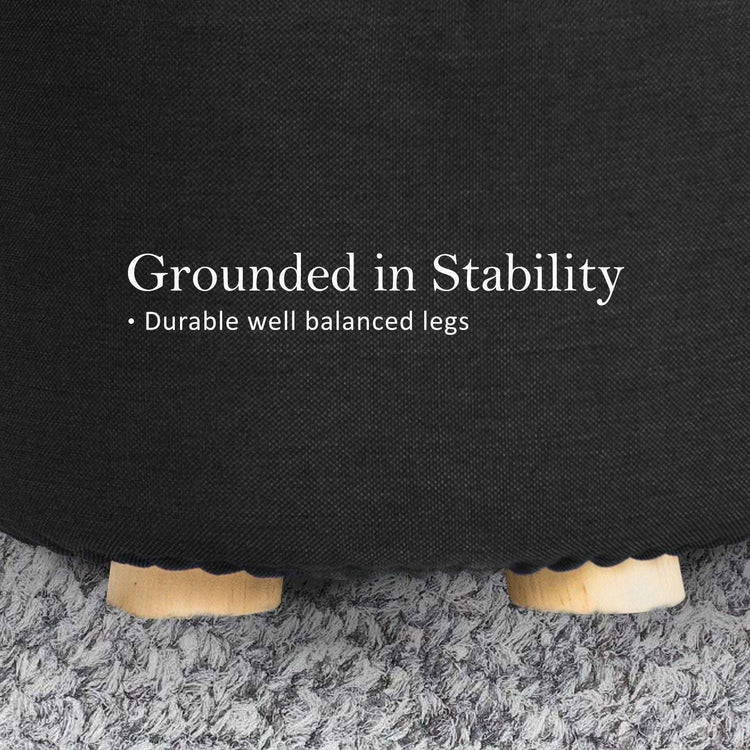 2X Fabric Ottoman Round Wooden Leg Foot Stool - BLACK - Magdasmall