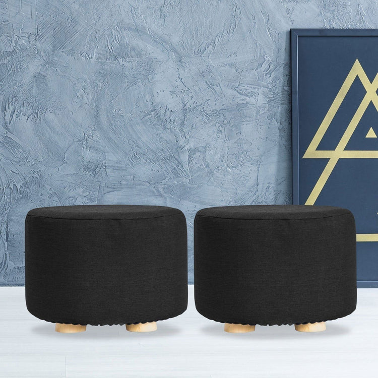 2X Fabric Ottoman Round Wooden Leg Foot Stool - BLACK - Magdasmall