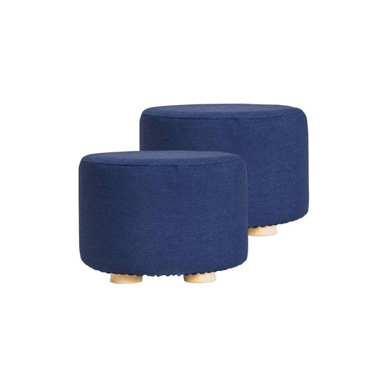 2X Fabric Ottoman Round Wooden Leg Foot Stool - DARK BLUE - Magdasmall