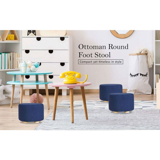 2X Fabric Ottoman Round Wooden Leg Foot Stool - DARK BLUE - Magdasmall
