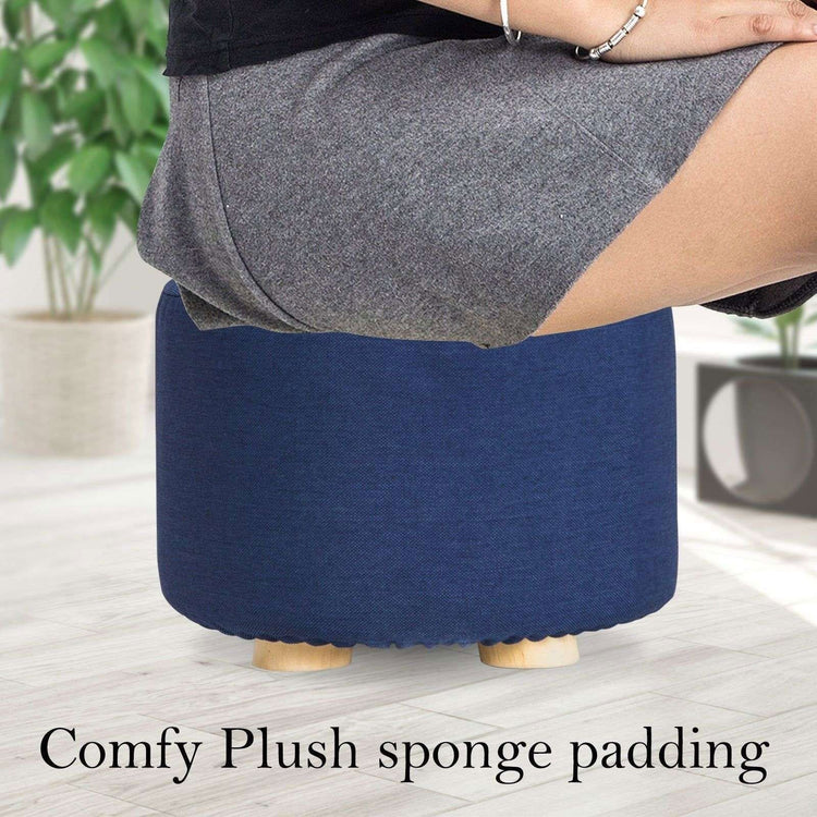 2X Fabric Ottoman Round Wooden Leg Foot Stool - DARK BLUE - Magdasmall