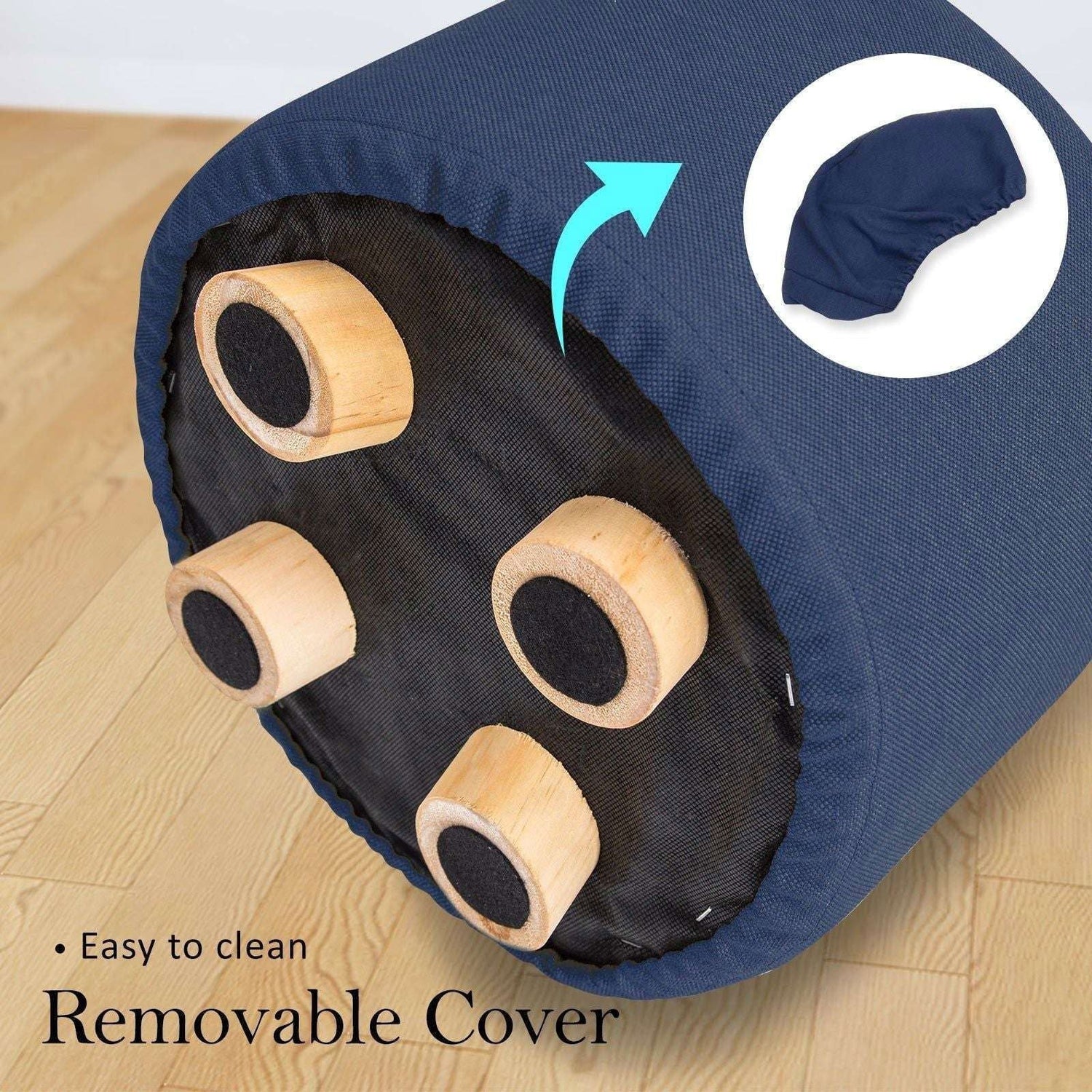 2X Fabric Ottoman Round Wooden Leg Foot Stool - DARK BLUE - Magdasmall