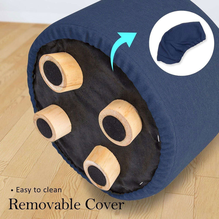 2X Fabric Ottoman Round Wooden Leg Foot Stool - DARK BLUE - Magdasmall