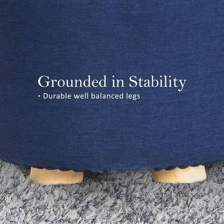 2X Fabric Ottoman Round Wooden Leg Foot Stool - DARK BLUE - Magdasmall