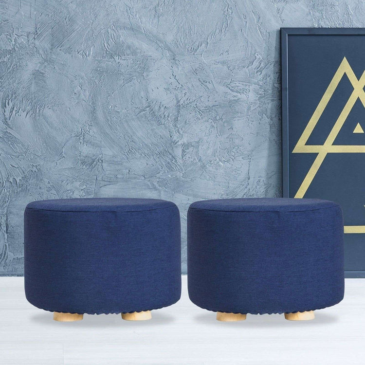 2X Fabric Ottoman Round Wooden Leg Foot Stool - DARK BLUE - Magdasmall