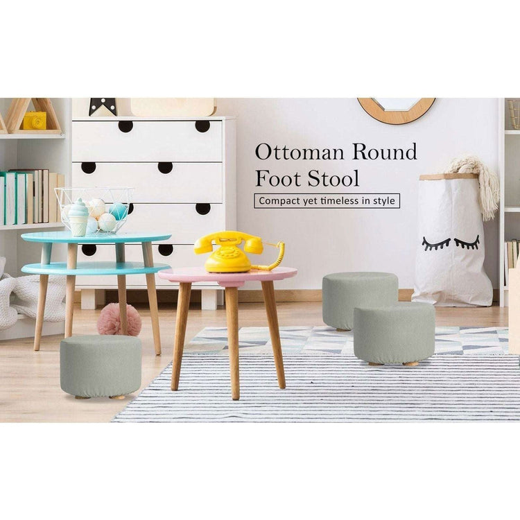 2X Fabric Ottoman Round Wooden Leg Foot Stool - GREY - Magdasmall