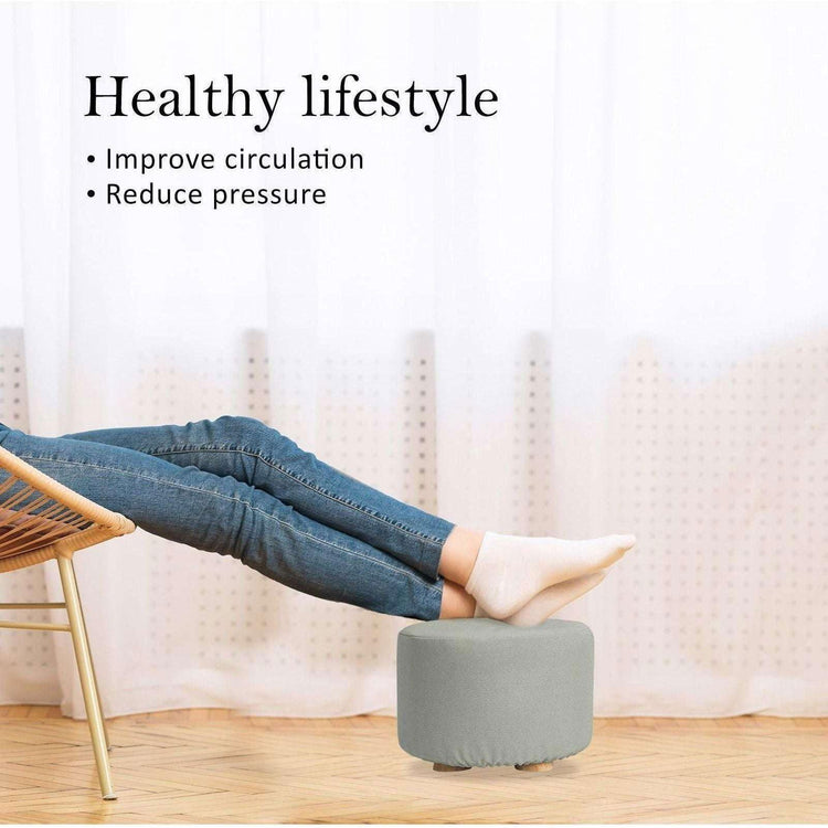 2X Fabric Ottoman Round Wooden Leg Foot Stool - GREY - Magdasmall