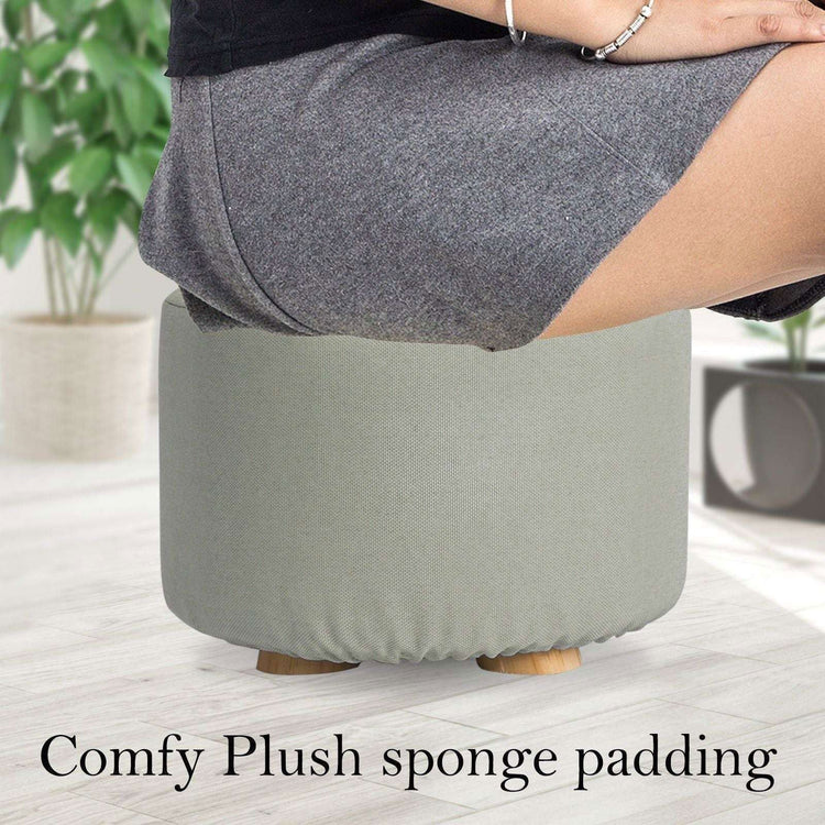 2X Fabric Ottoman Round Wooden Leg Foot Stool - GREY - Magdasmall