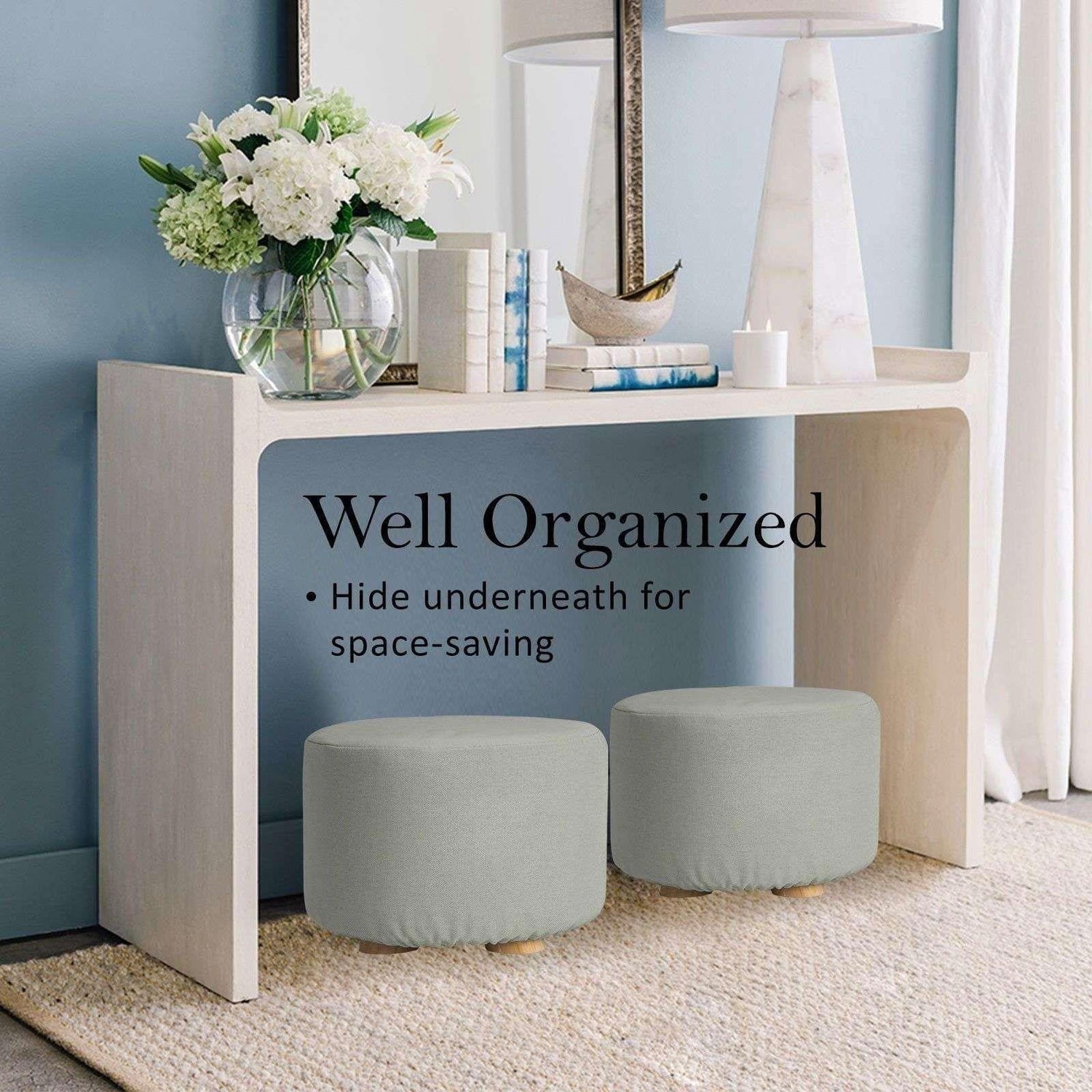 2X Fabric Ottoman Round Wooden Leg Foot Stool - GREY - Magdasmall