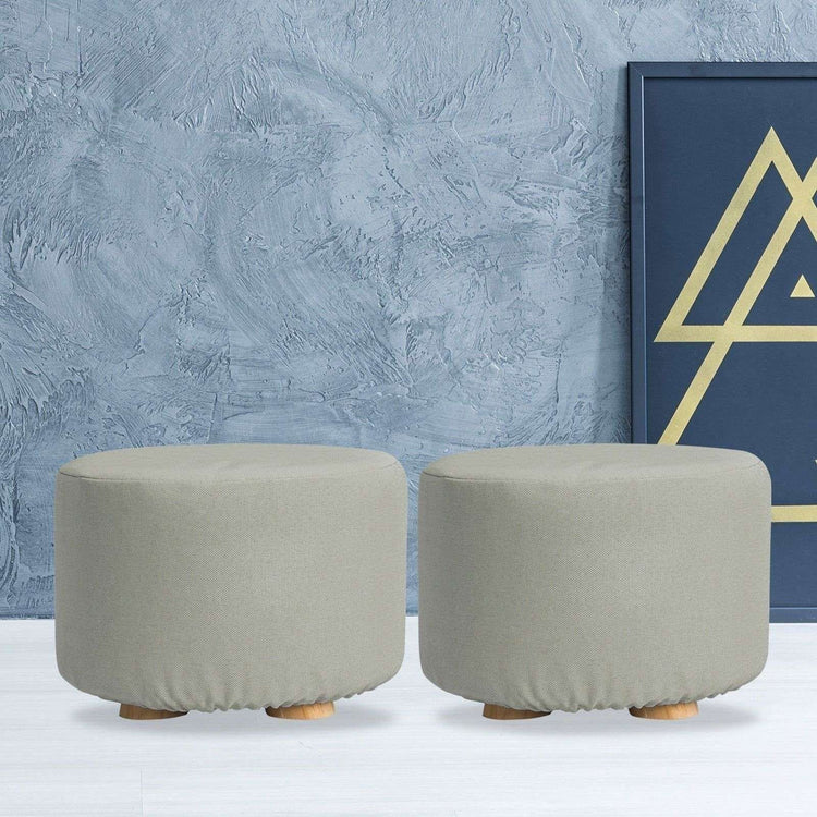 2X Fabric Ottoman Round Wooden Leg Foot Stool - GREY - Magdasmall