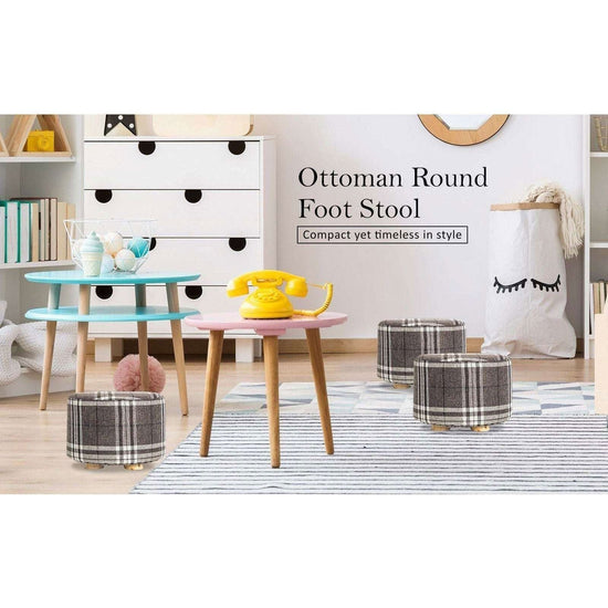 2X Fabric Ottoman Round Wooden Leg Foot Stool - LATTICE - Magdasmall