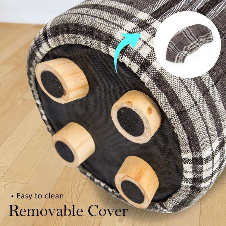 2X Fabric Ottoman Round Wooden Leg Foot Stool - LATTICE - Magdasmall