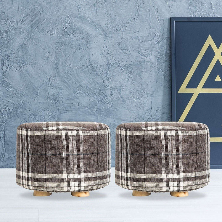 2X Fabric Ottoman Round Wooden Leg Foot Stool - LATTICE - Magdasmall