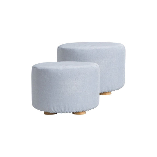 2X Fabric Ottoman Round Wooden Leg Foot Stool - LIGHT BLUE - Magdasmall