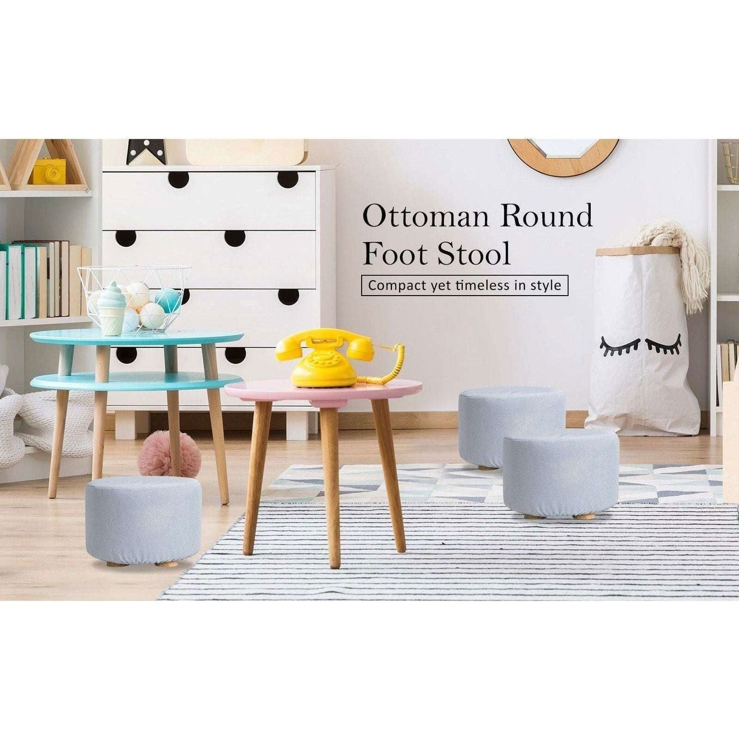 2X Fabric Ottoman Round Wooden Leg Foot Stool - LIGHT BLUE - Magdasmall