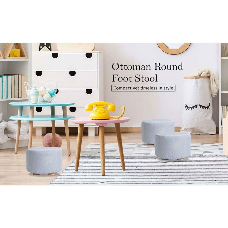 2X Fabric Ottoman Round Wooden Leg Foot Stool - LIGHT BLUE - Magdasmall