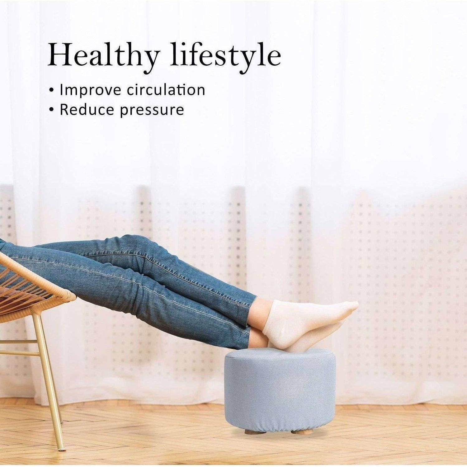 2X Fabric Ottoman Round Wooden Leg Foot Stool - LIGHT BLUE - Magdasmall