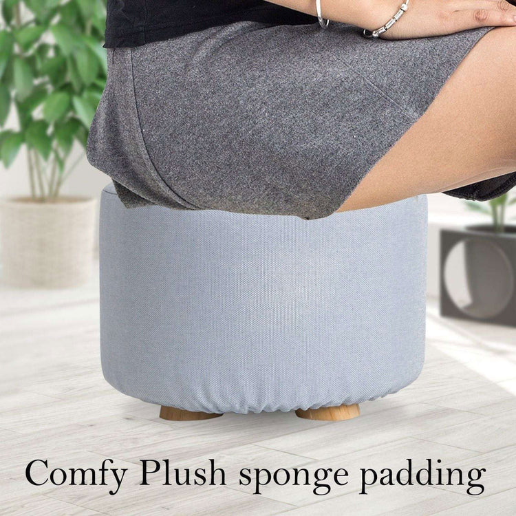 2X Fabric Ottoman Round Wooden Leg Foot Stool - LIGHT BLUE - Magdasmall