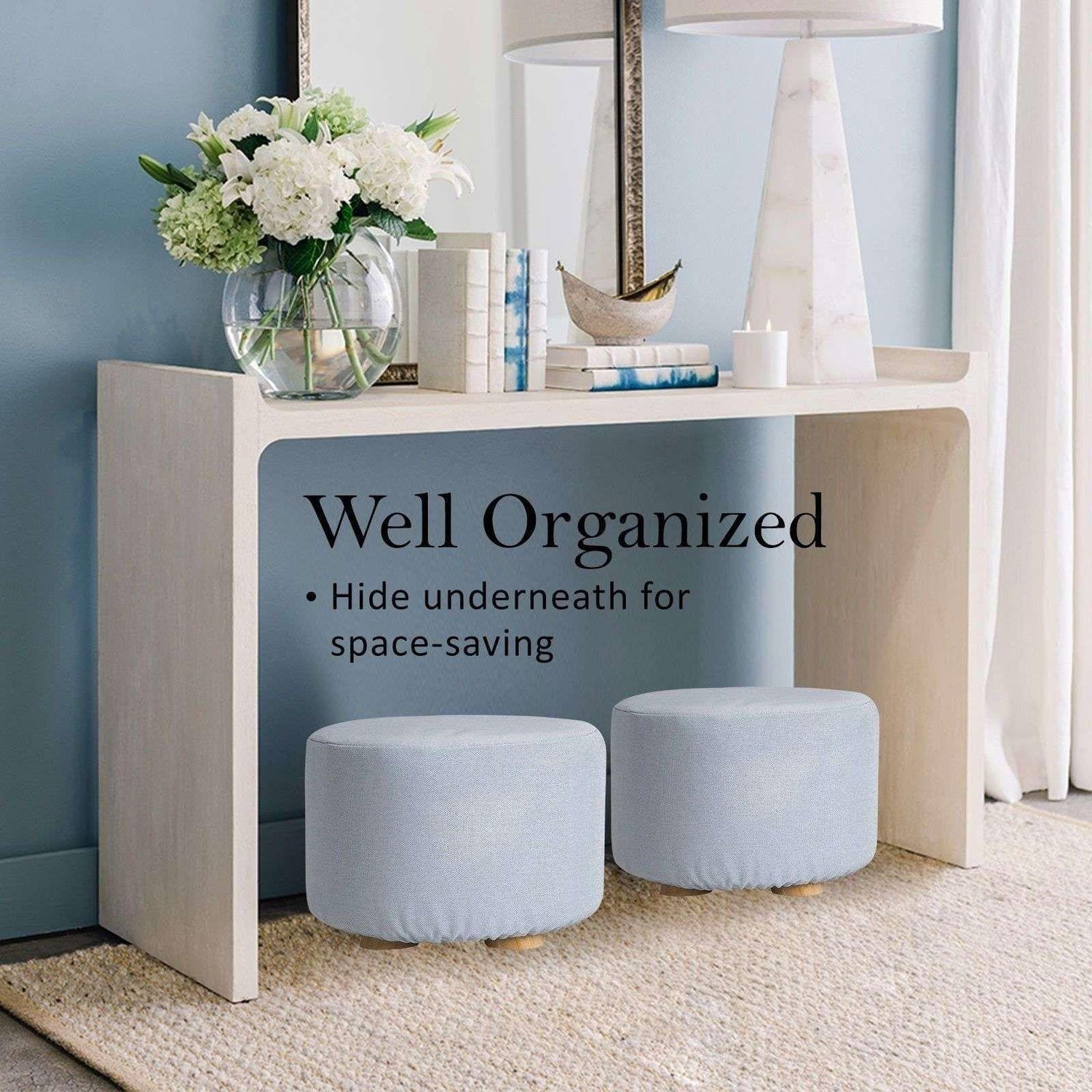2X Fabric Ottoman Round Wooden Leg Foot Stool - LIGHT BLUE - Magdasmall