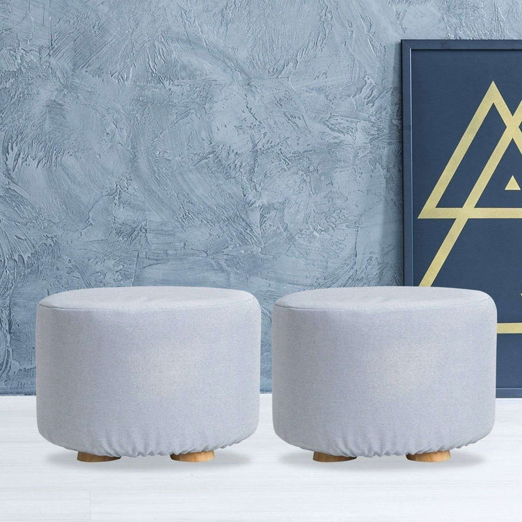 2X Fabric Ottoman Round Wooden Leg Foot Stool - LIGHT BLUE - Magdasmall