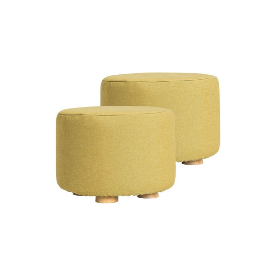 2X Fabric Ottoman Round Wooden Leg Foot Stool - Mustard Yellow - Magdasmall