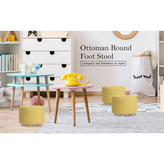 2X Fabric Ottoman Round Wooden Leg Foot Stool - Mustard Yellow - Magdasmall