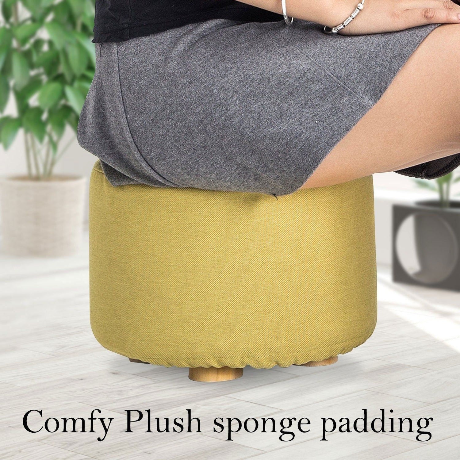 2X Fabric Ottoman Round Wooden Leg Foot Stool - Mustard Yellow - Magdasmall