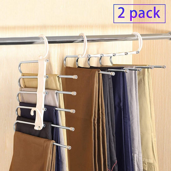 2 Pack Adjustable Multi-Layer 5 in 1 Pants Hanger for Wardrobe and Home Storage (White) - Magdasmall