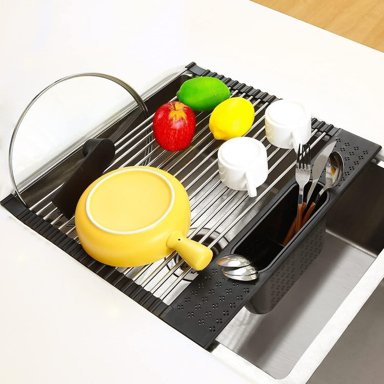 2 Pack Large Stainless Steel Roll Up Dish Drying Rack with Utensil Holder for Home Kitchen - Magdasmall