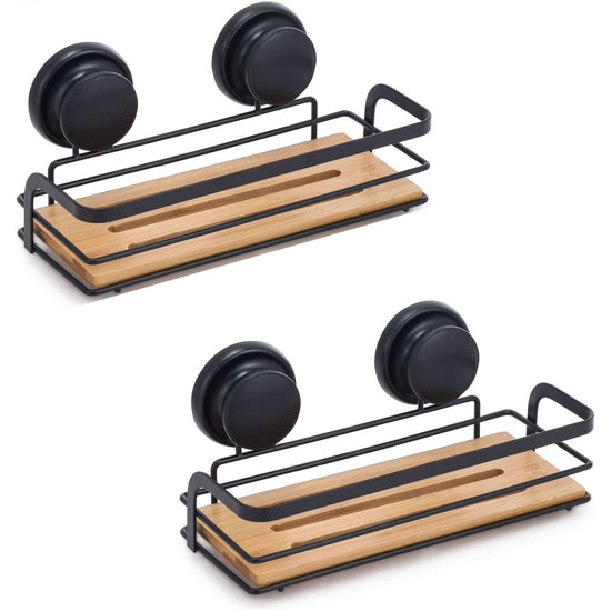 2 Pack Rectangular Bamboo Corner Shower Caddy Shelf Basket Rack with Premium Vacuum Suction Cup No-Drilling for Bathroom and Kitchen - Magdasmall