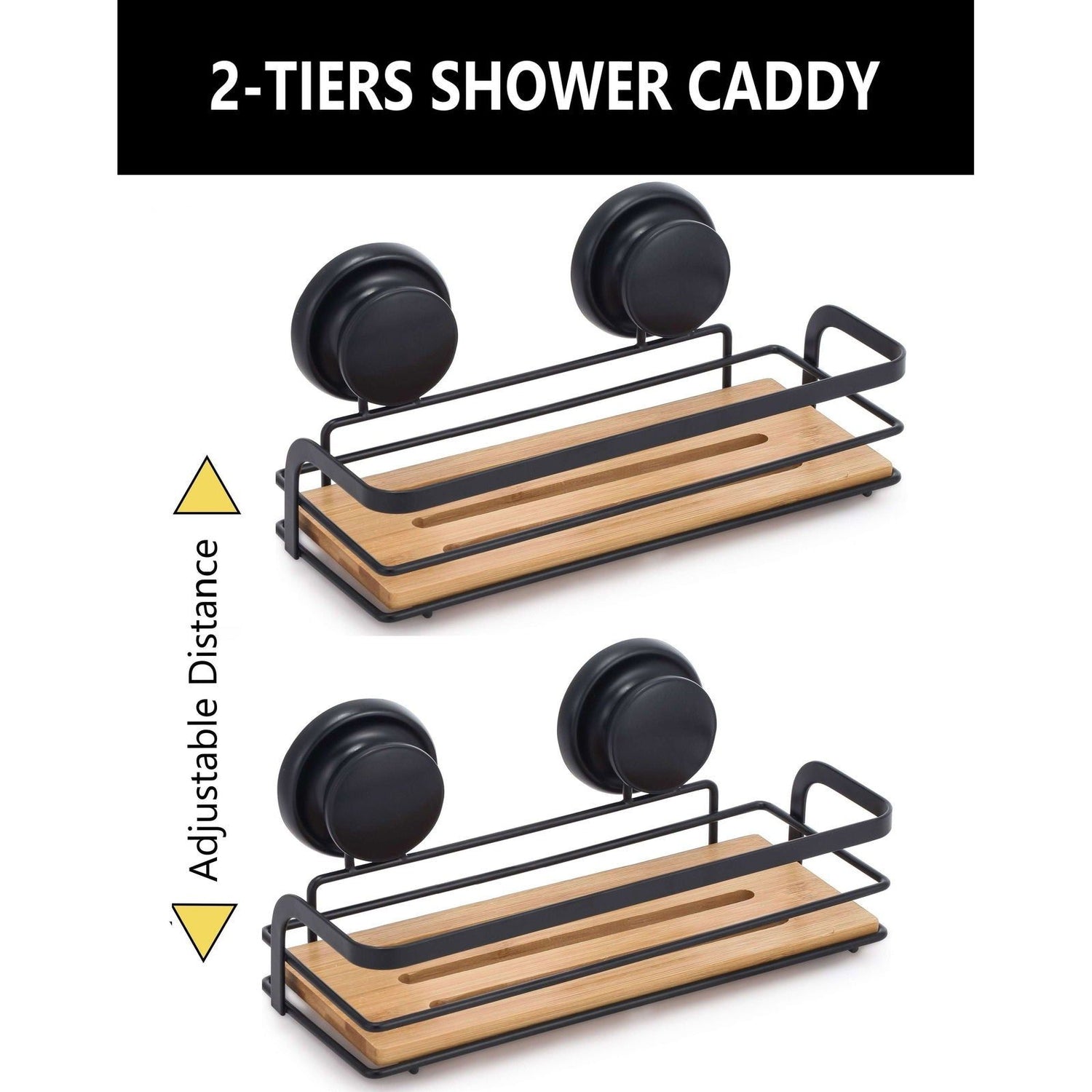 2 Pack Rectangular Bamboo Corner Shower Caddy Shelf Basket Rack with Premium Vacuum Suction Cup No-Drilling for Bathroom and Kitchen - Magdasmall