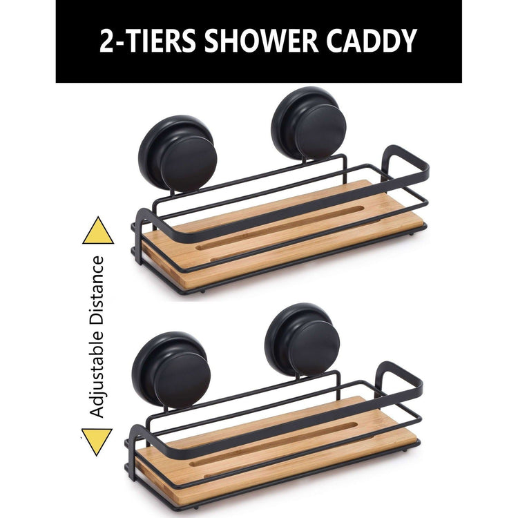 2 Pack Rectangular Bamboo Corner Shower Caddy Shelf Basket Rack with Premium Vacuum Suction Cup No-Drilling for Bathroom and Kitchen - Magdasmall