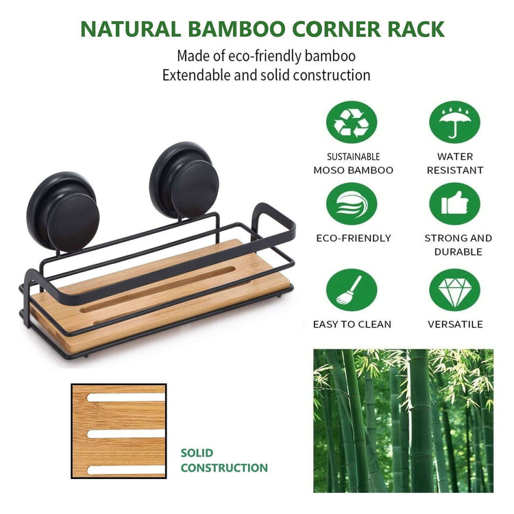 2 Pack Rectangular Bamboo Corner Shower Caddy Shelf Basket Rack with Premium Vacuum Suction Cup No-Drilling for Bathroom and Kitchen - Magdasmall