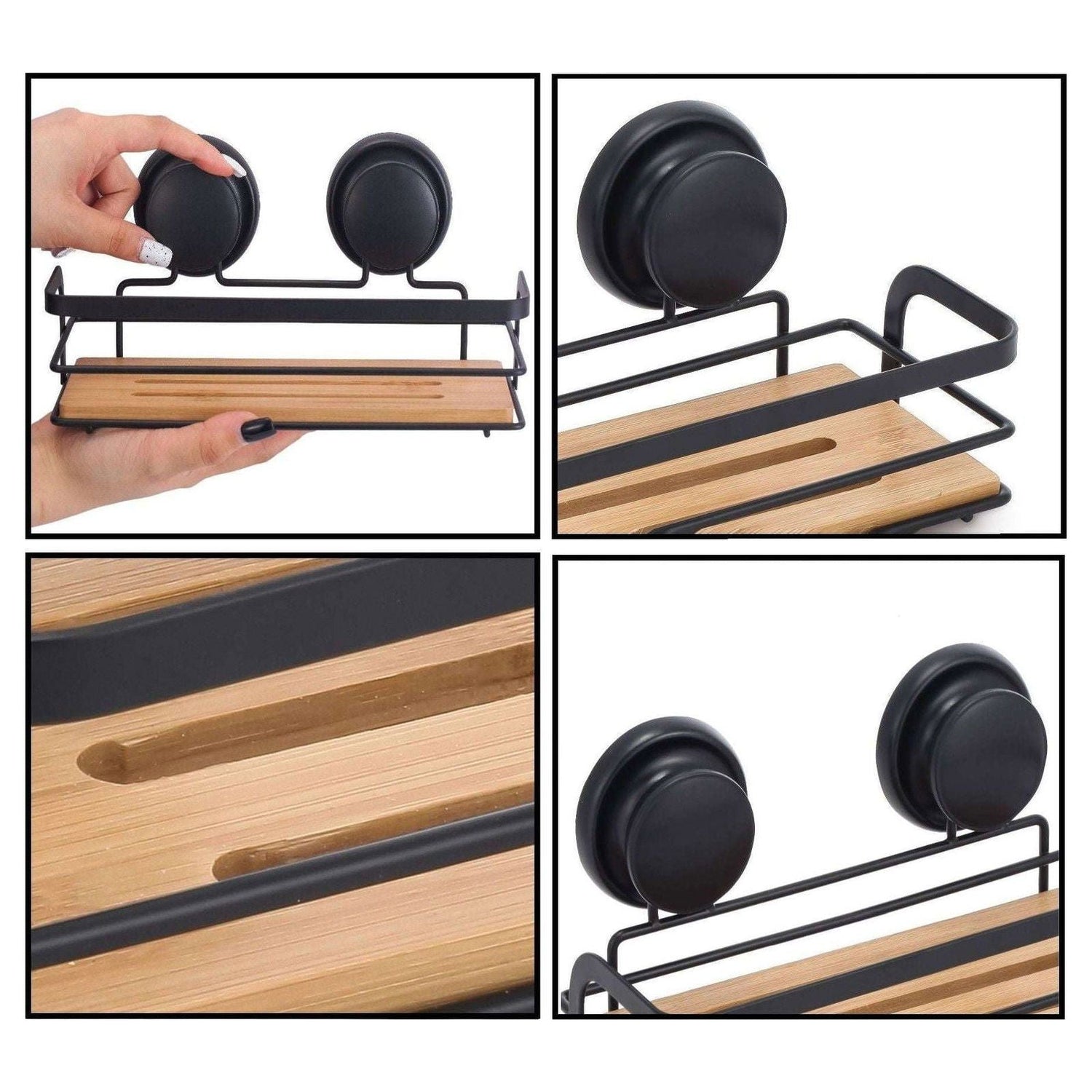 2 Pack Rectangular Bamboo Corner Shower Caddy Shelf Basket Rack with Premium Vacuum Suction Cup No-Drilling for Bathroom and Kitchen - Magdasmall