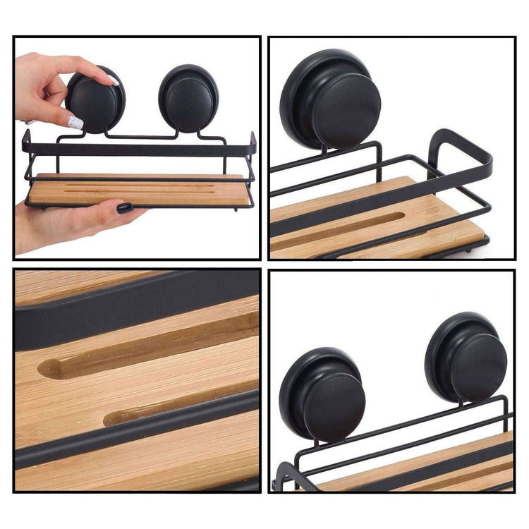 2 Pack Rectangular Bamboo Corner Shower Caddy Shelf Basket Rack with Premium Vacuum Suction Cup No-Drilling for Bathroom and Kitchen - Magdasmall